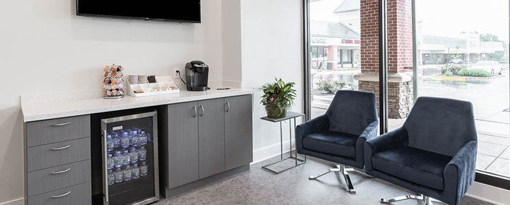 dental waiting area with coffee/water bar